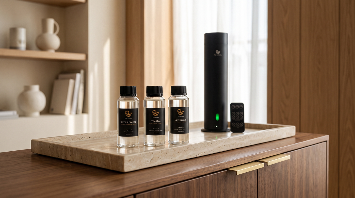 Ocean Breeze, The One und Day Dream Duftöle auf einem Travertin-Tablett neben dem Pure One Diffusor in Matte Black