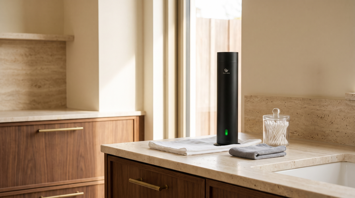 Pure One Diffusor in Matte Black auf einer Steinplatte mit Mikrofasertuch und Wattestäbchen für die regelmäßige Reinigung
