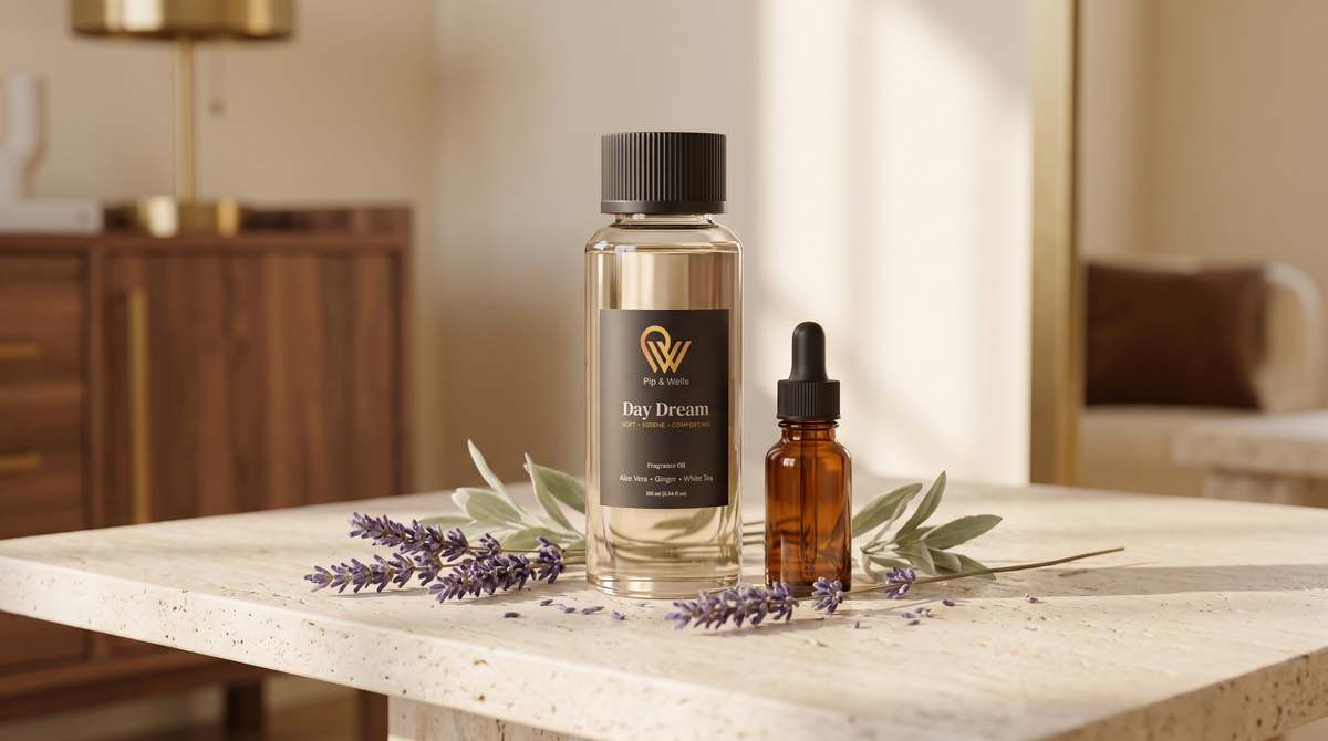 Day Dream Diffusoröl neben einer braunen Pipettenflasche mit ätherischem Öl und getrocknetem Lavendel
