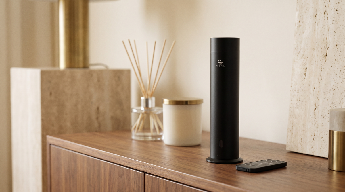 Pure One Diffusor in Matte Black neben einem Duftstäbchen-Diffusor und einer Kerze auf einem Walnuss-Sideboard