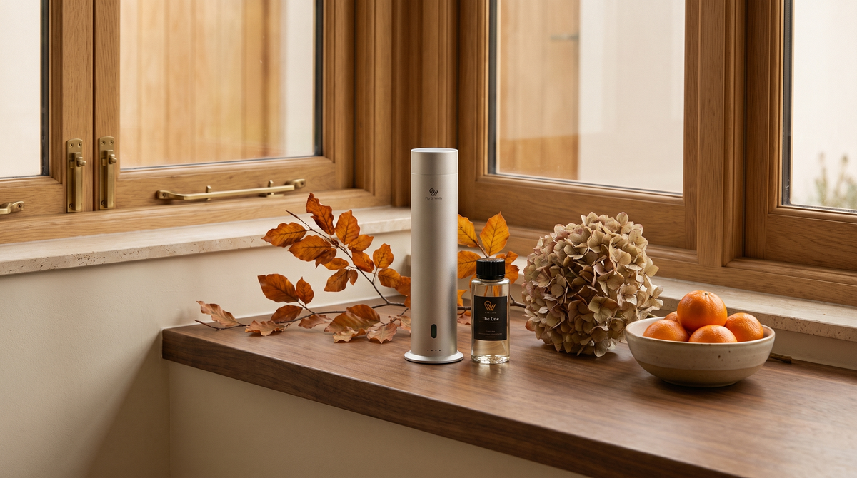 Pure One Diffusor in Matte Silver auf einer Walnuss-Fensterbank mit Herbstlaub, getrockneter Hortensie und Clementinen