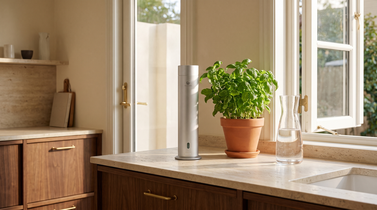 Pure One Diffusor in Matte Silver neben frischem Basilikum in einer luftigen Küche mit offenem Fenster