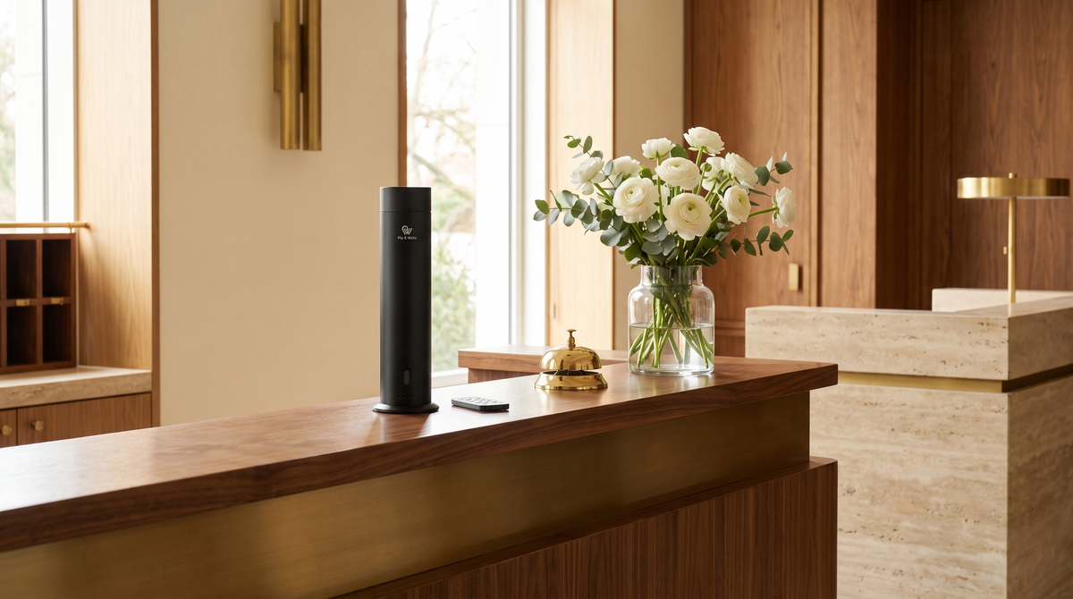 Pure One Diffusor in Matte Black auf einem Empfangstresen aus Walnussholz und Messing in der Lobby eines Boutiquehotels