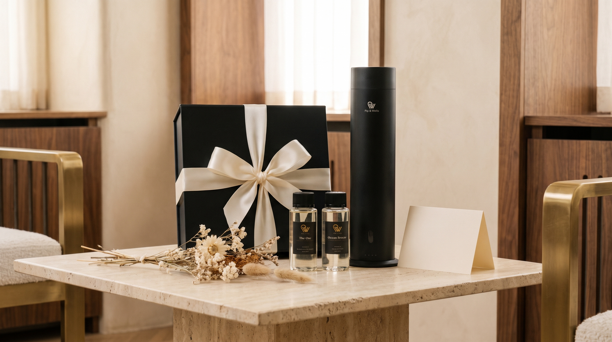 Pip & Wells Geschenkbox mit elfenbeinfarbenem Band, Pure One Diffusor, Duftölen und einer leeren Geschenkkarte
