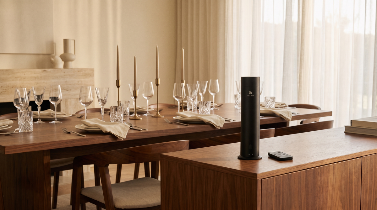 Pure One Diffusor in Matte Black auf einem Walnuss-Sideboard neben einem für Gäste gedeckten Esstisch