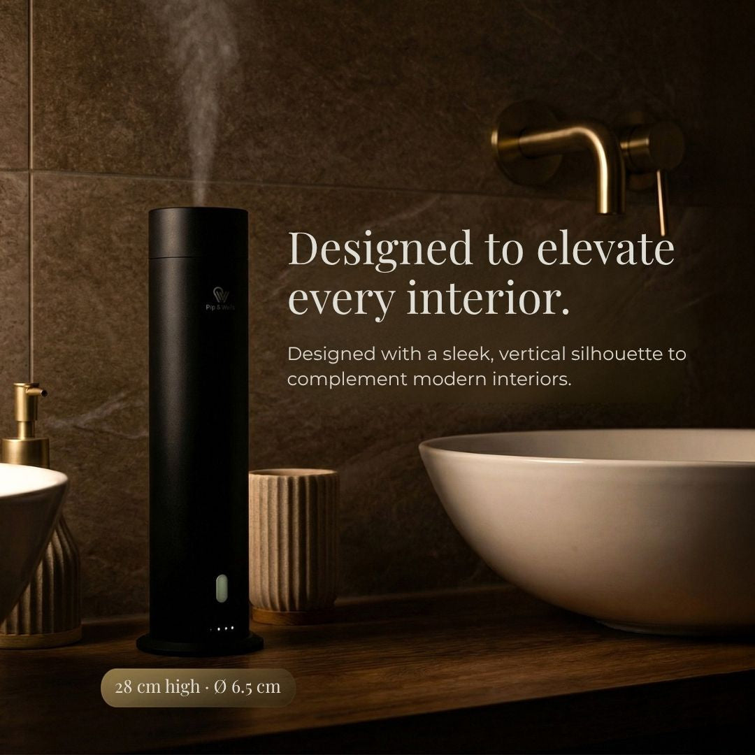 Pip & Wells Pure One mattschwarzer wasserloser Aroma-Diffuser in einem Badezimmer