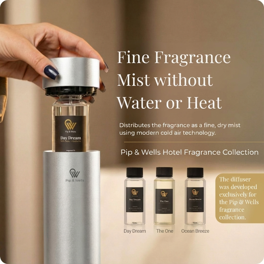 Hand, die eine Flasche Day Dream-Duftöl in einen mattsilbernen wasserlosen Pip & Wells Pure One Aroma-Diffuser einsetzt