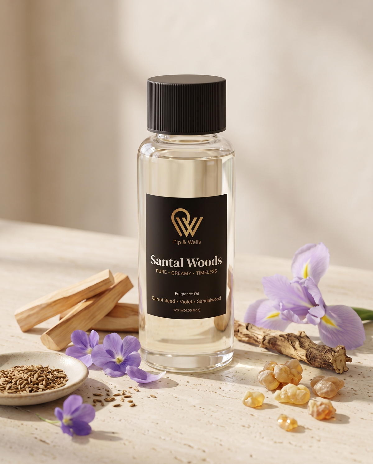Flasche Pip & Wells Santal Woods Duftöl, 120 ml, mit Duftnoten von Sandelholz, Karottensamen, Veilchen, Iris und Benzoeharz