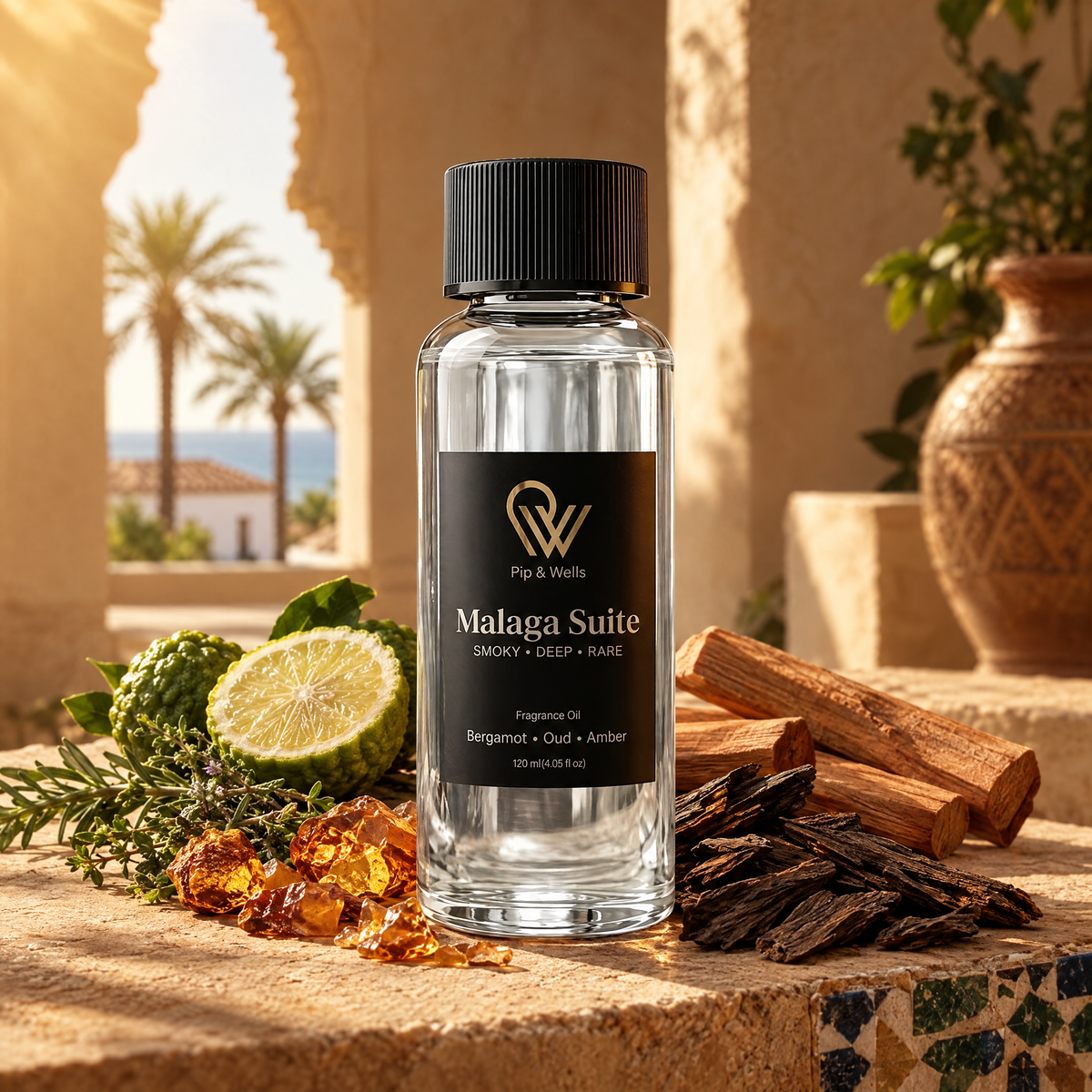 Pip & Wells Malaga Suite Duftöl, 120 ml, mit den Duftbestandteilen Oudholz, Amberharz, Bergamotte, Sandelholz und aromatischen Kräutern