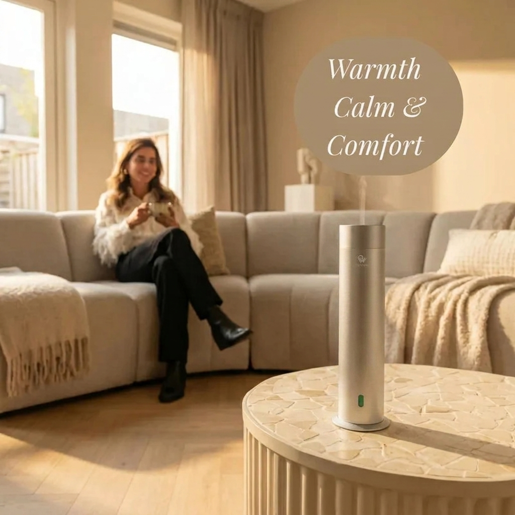 Pip & Wells Pure One mattsilberner wasserloser Aroma-Diffuser in einem Wohnzimmer