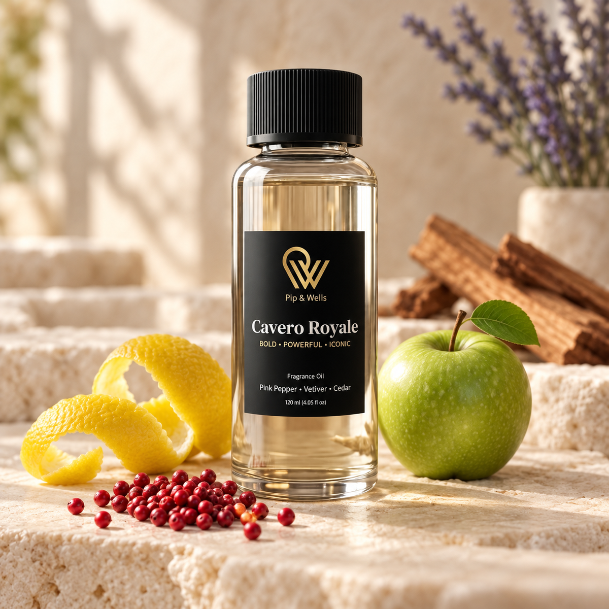 Flasche Pip & Wells Cavero Royale Duftöl, 120 ml, mit Duftnoten von Zitrone, rosa Pfeffer, Apfel, Lavendel und Zeder