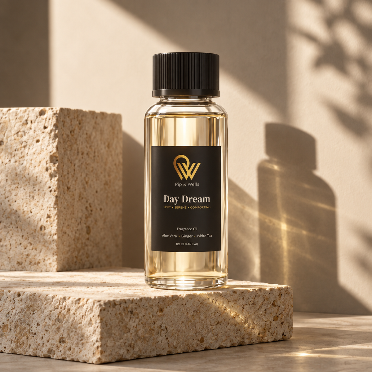 120 ml Flasche Pip & Wells Day Dream Duftöl auf skulpturalen Steinblöcken in warmem Sonnenlicht