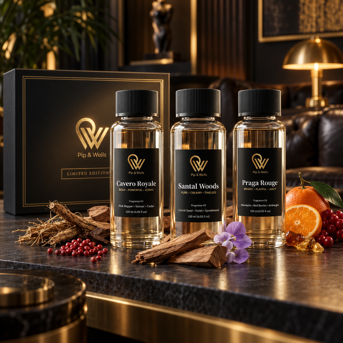 Pip & Wells Limited Edition Duftöl-Geschenkset mit drei Flaschen zu je 120 ml und einer schwarzen Geschenkbox auf dunklem Marmor