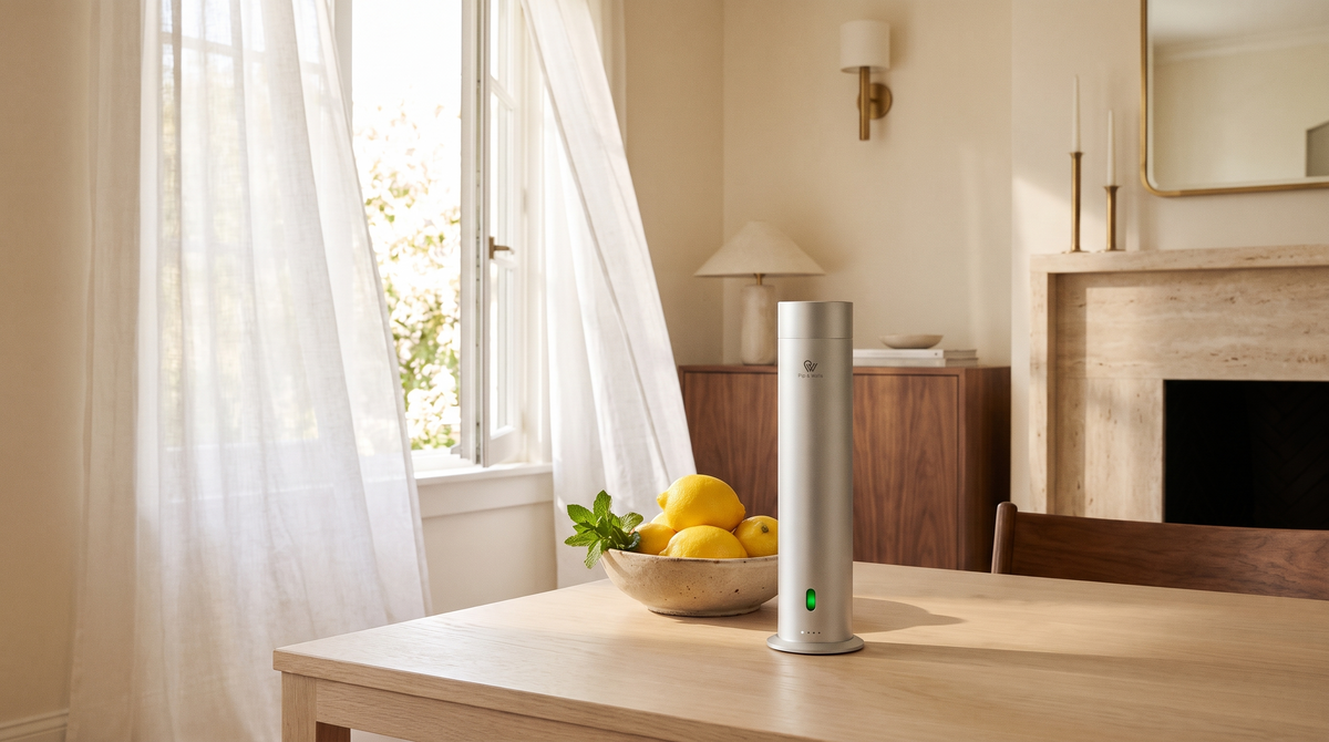Pure One Diffusor in Matte Silver neben einer Schale Zitronen in einem sonnigen Sommerwohnzimmer mit Leinenvorhängen