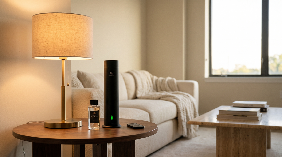 Pure One Diffusor in Matte Black mit Duftöl und Fernbedienung auf einem Walnuss-Beistelltisch in einem ruhigen Wohnzimmer am Abend