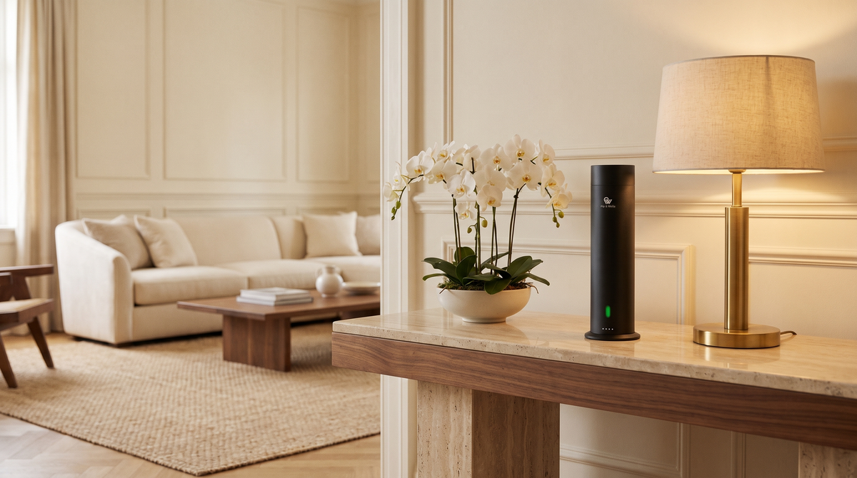 Pure One Diffusor in Matte Black auf einer Marmorkonsole mit weißen Orchideen und einer Messinglampe in einem Wohnzimmer im Hotelstil