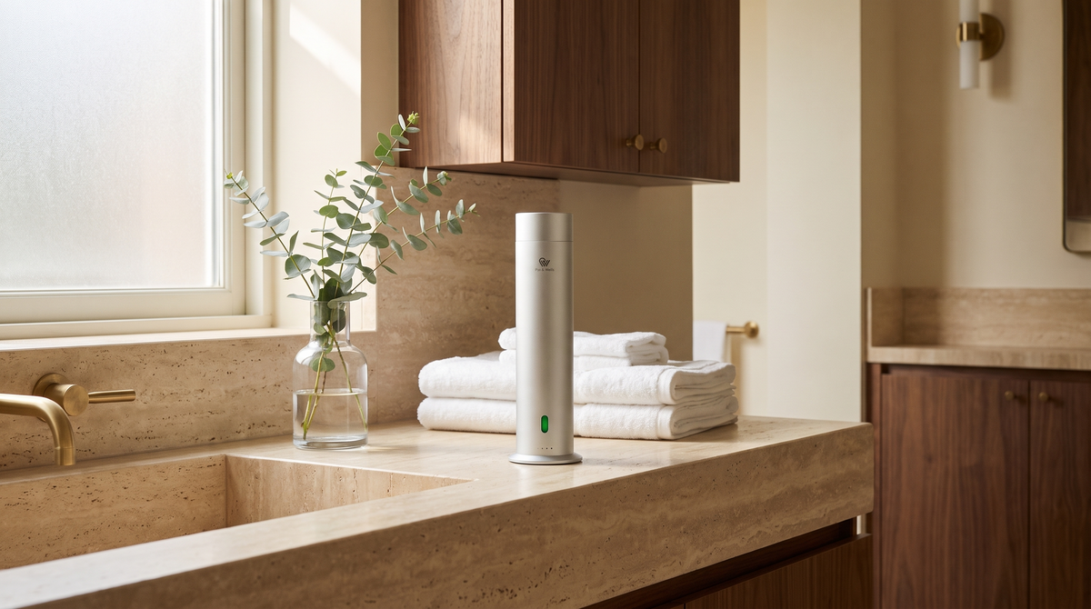 Pure One Diffusor in Matte Silver auf einer Waschtischplatte aus Travertin mit gefalteten Handtüchern und Eukalyptus