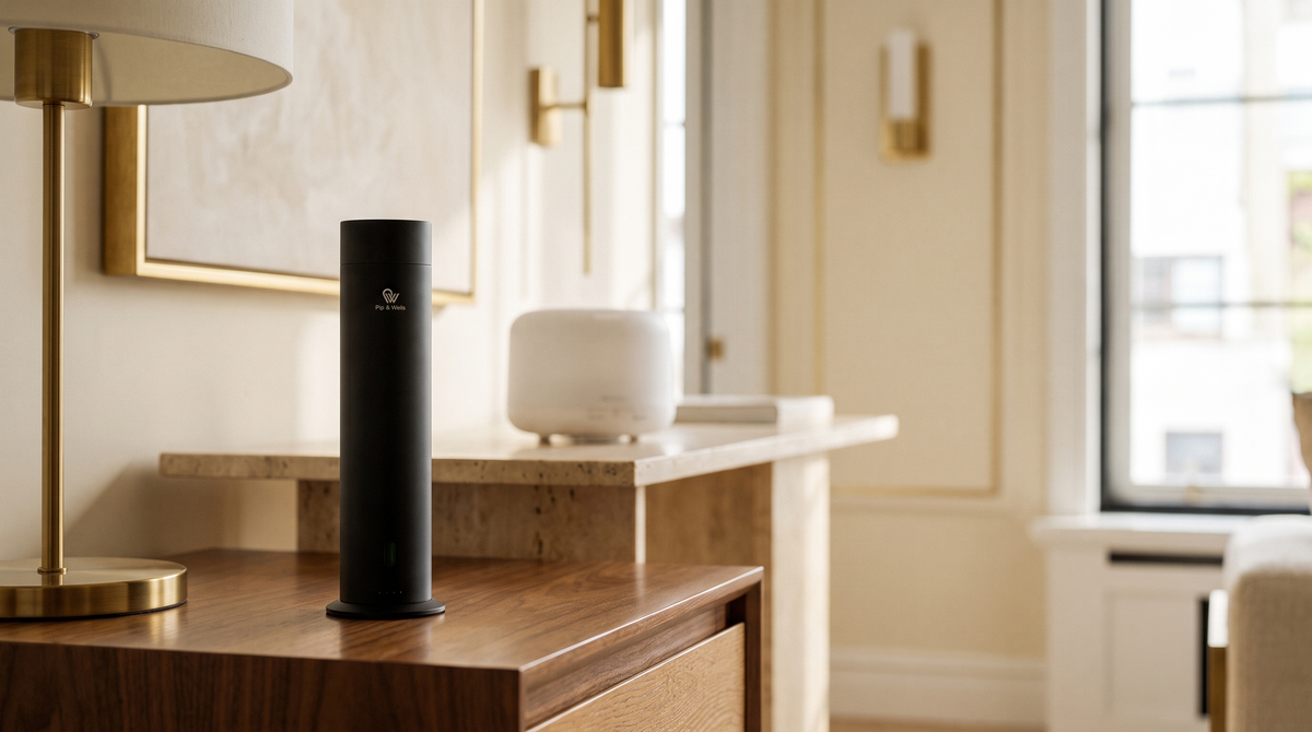 Wasserloser Pure One Diffusor in Matte Black vor einem weißen Ultraschall-Diffusor mit Wasser