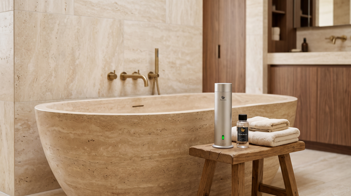 Pure One Diffusor in Matte Silver und Ocean Breeze Duftöl auf einem Eichenhocker neben einer Badewanne aus Travertin