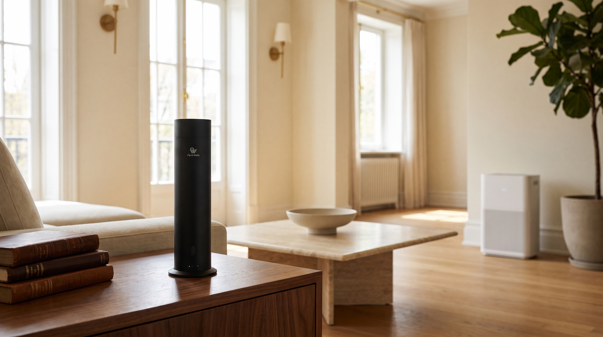 Pure One Diffusor in Matte Black auf einem Walnuss-Beistelltisch, mit einem Luftreiniger auf der anderen Seite des Wohnzimmers