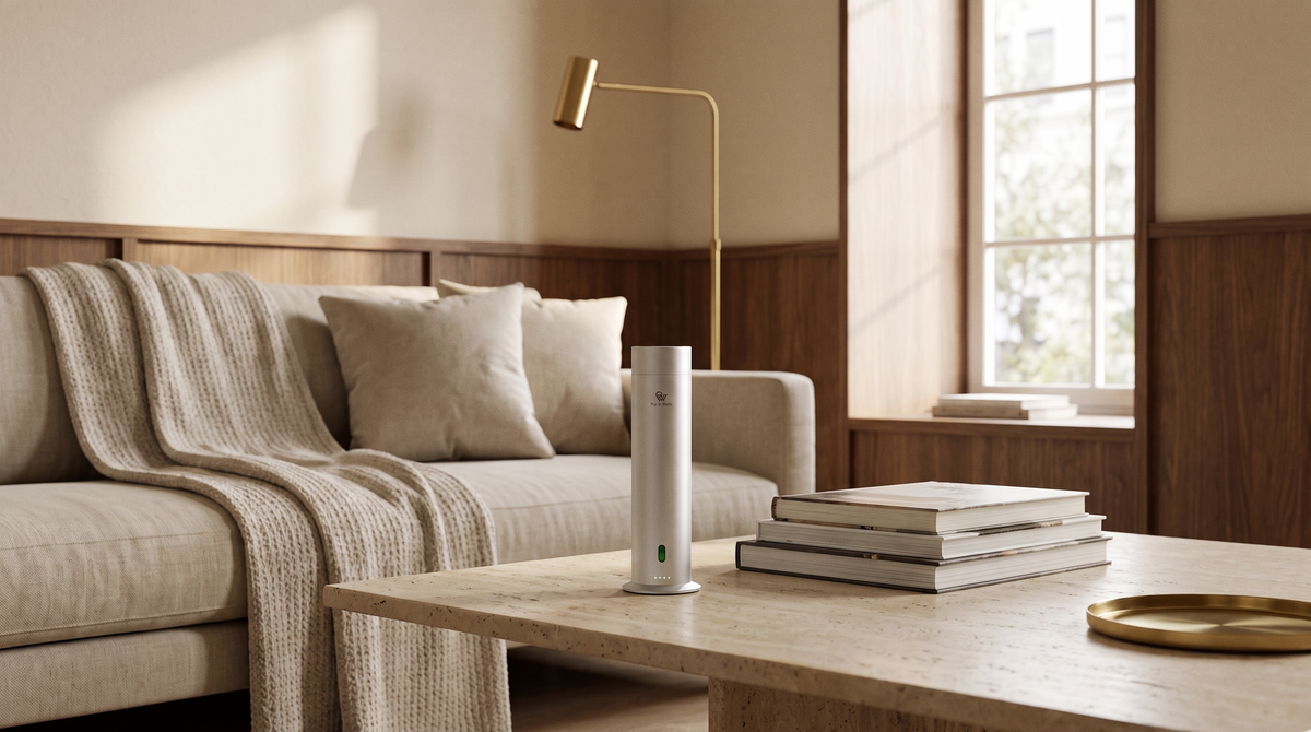 Pure One Diffusor in Matte Silver auf einem Couchtisch aus Travertin in einem gemütlichen Wohnzimmer