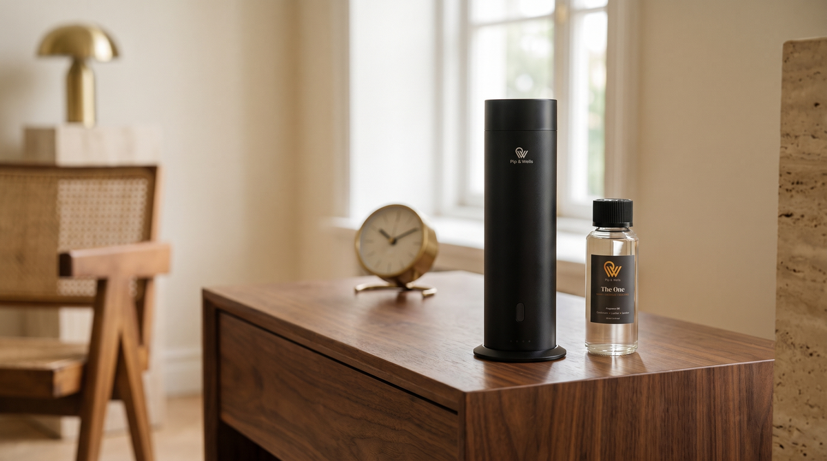 Pure One Diffusor in Matte Black neben The One Duftöl und einer Messing-Tischuhr auf einem Walnuss-Beistelltisch