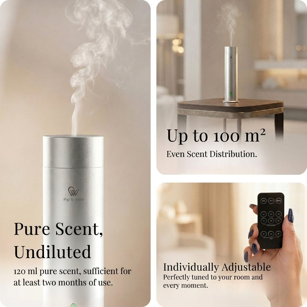 Pure One waterless cold-air diffuser, Brushed Silver, lifestyle image - Pip & Wells