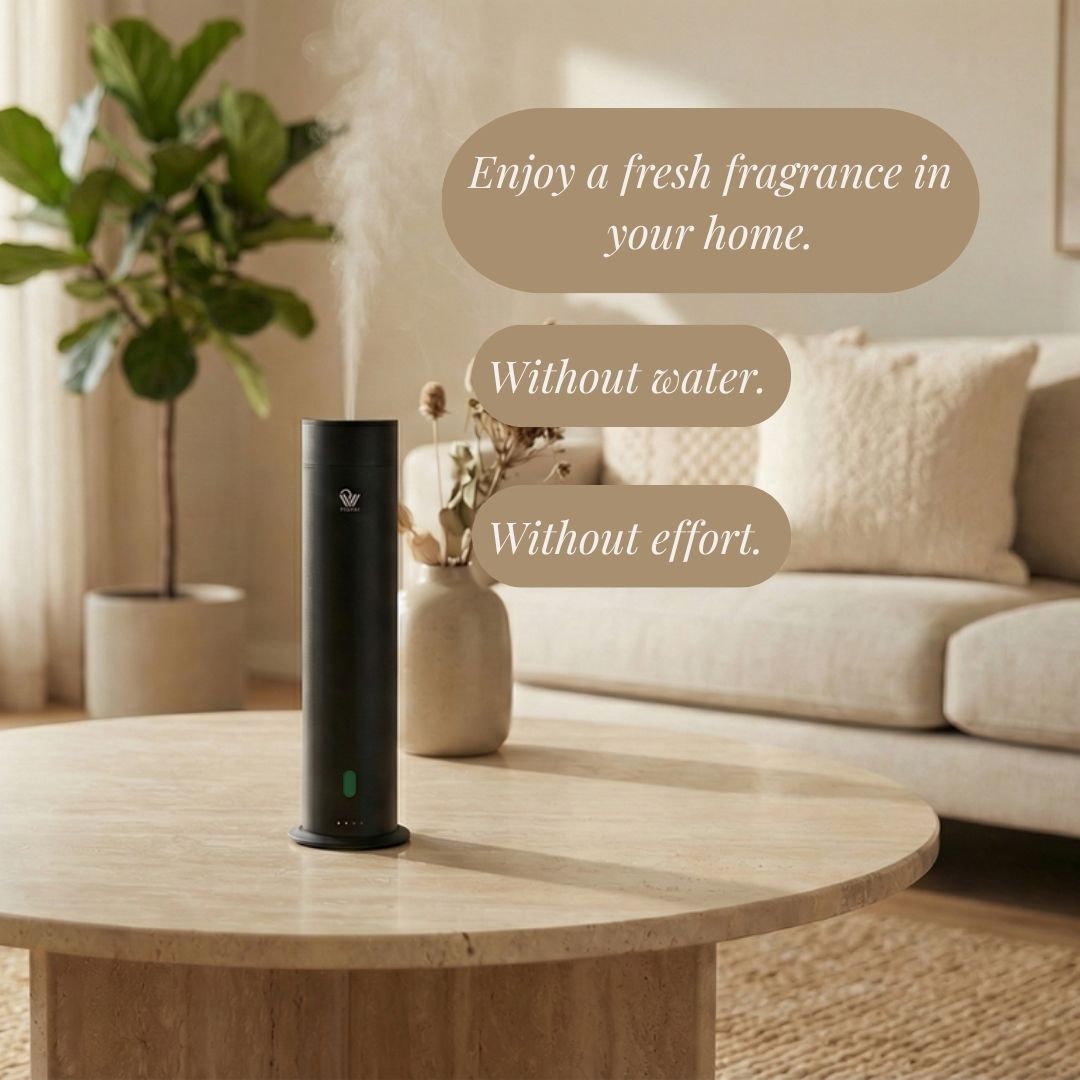 Pip & Wells Pure One mattschwarzer wasserloser Aroma-Diffuser auf einem Holztisch im Wohnzimmer
