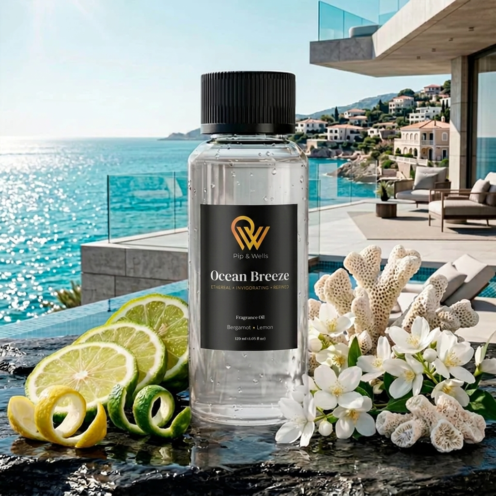 Pip & Wells Ocean Breeze-Duftöl mit Zitrusfrüchten und Küstenlandschaft