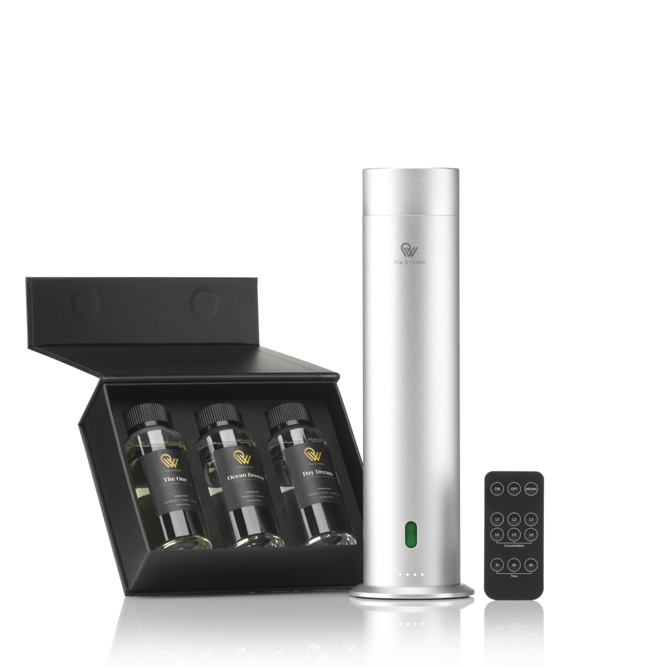 Pip & Wells Pure One mattsilberner wasserloser Aroma-Diffuser mit Fernbedienung und drei Duftölen
