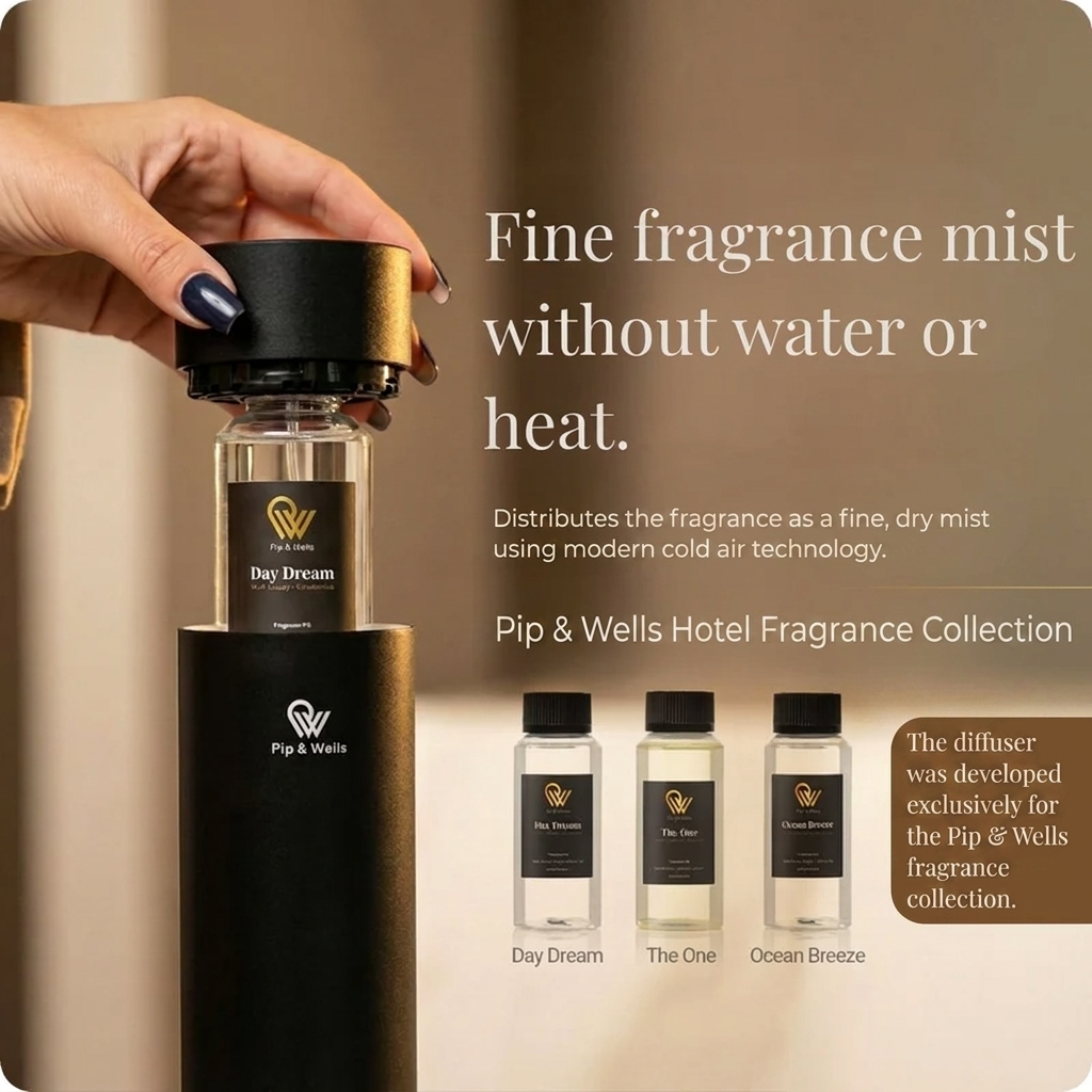 Hand, die eine Flasche Day Dream-Duftöl in einen mattschwarzen wasserlosen Pip & Wells Pure One Aroma-Diffuser einsetzt
