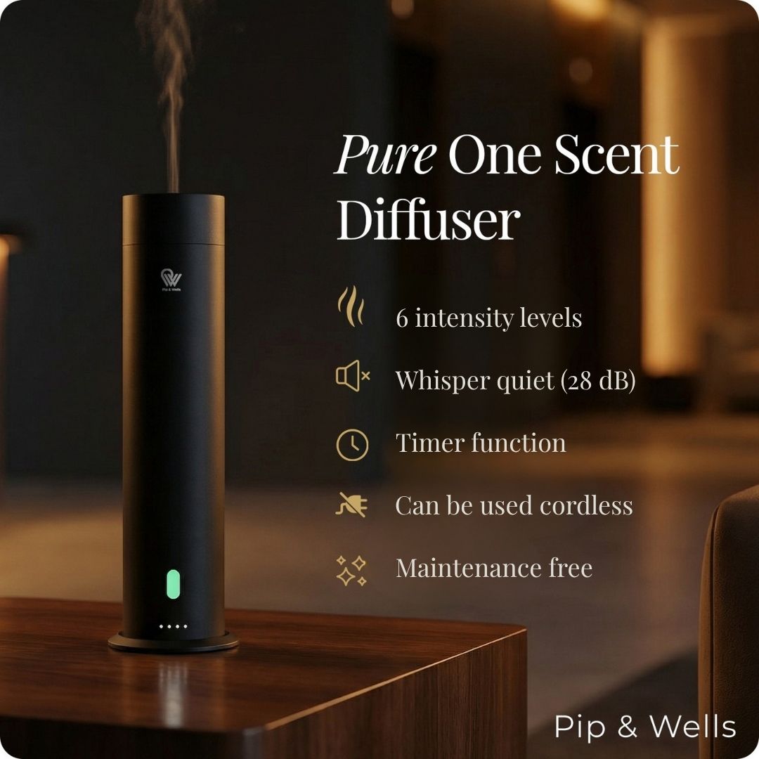 Pure One waterless cold-air diffuser, Matte Black, packaging - Pip & Wells