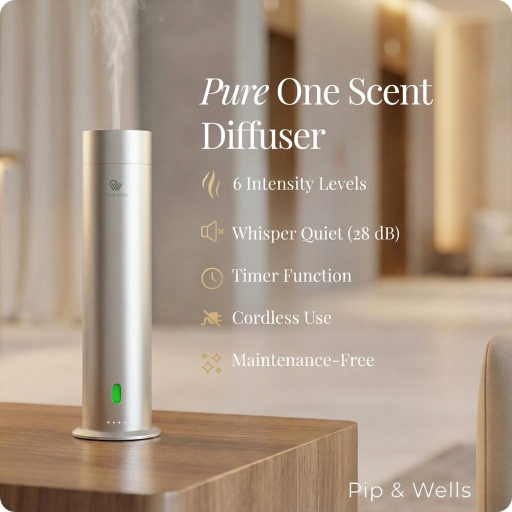 Pip & Wells Pure One mattsilberner wasserloser Aroma-Diffuser auf einem Holztisch