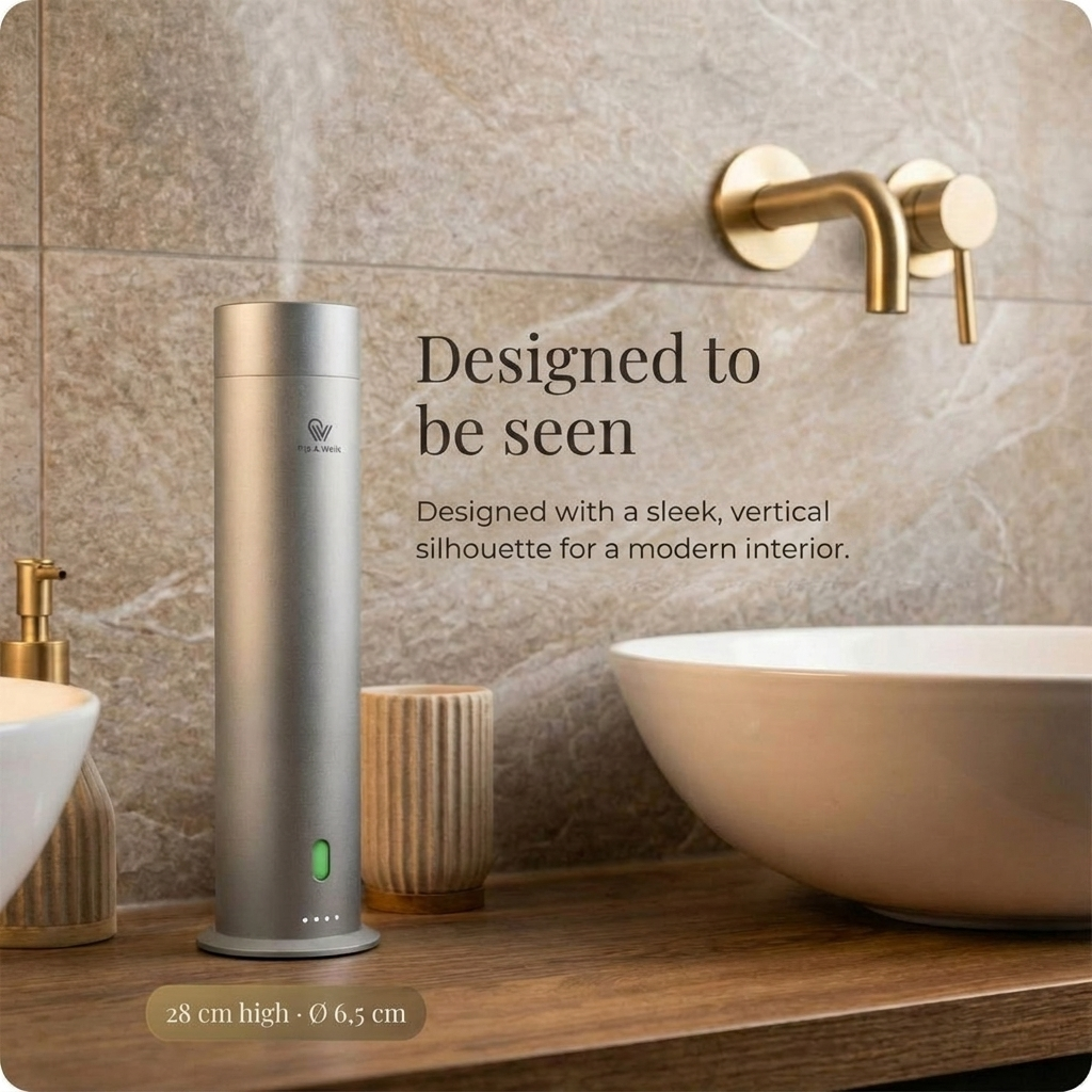 Pip & Wells Pure One mattsilberner wasserloser Aroma-Diffuser auf einem Badezimmermöbel