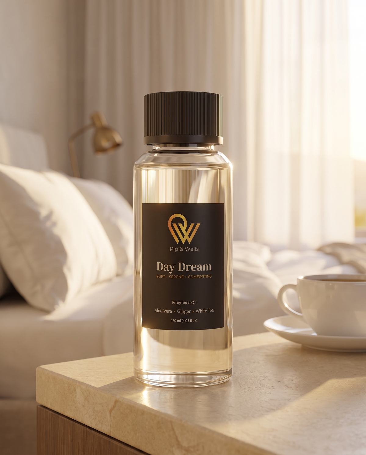 Flasche Pip & Wells Day Dream Duftöl, 120 ml, aus dem Essence of Luxury-Set auf einem Nachttisch in einem Schlafzimmer im Hotelstil