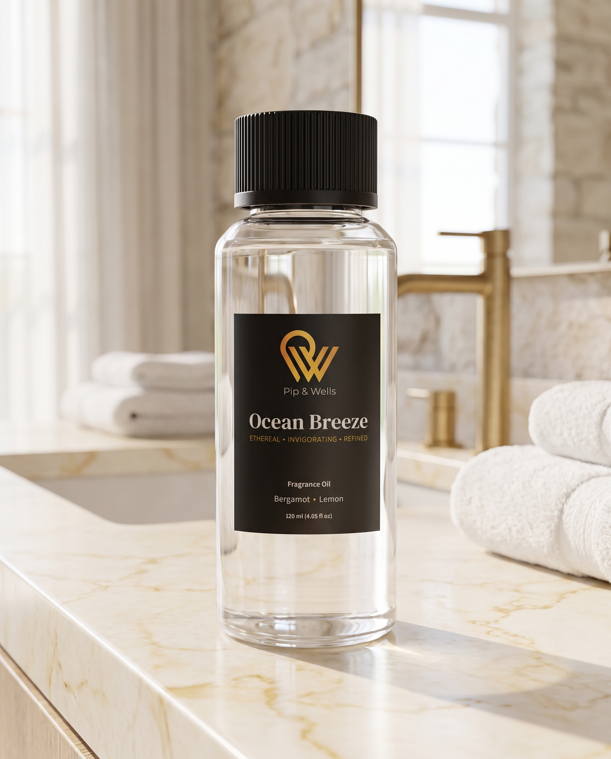 Flasche Pip & Wells Ocean Breeze Duftöl, 120 ml, aus dem Essence of Luxury-Set auf einem Marmorwaschtisch in einem Badezimmer im Hotelstil