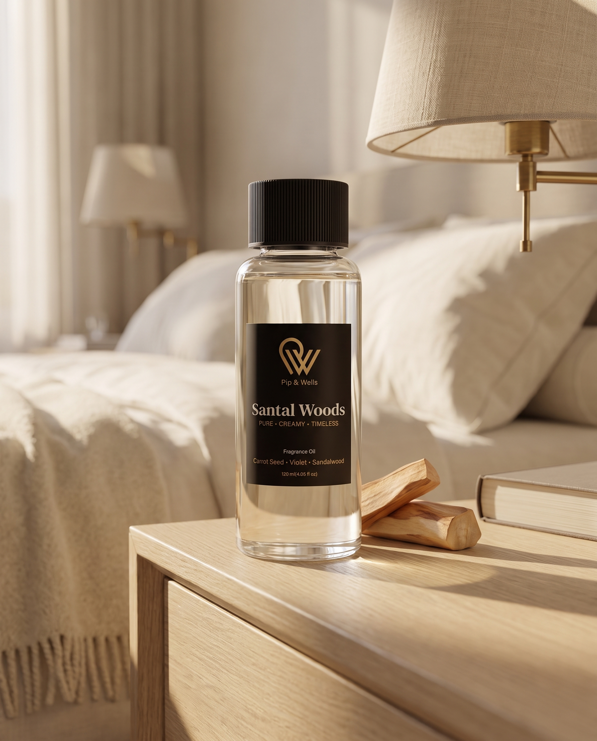 Flasche Pip & Wells Santal Woods Duftöl, 120 ml, auf einem Nachttisch aus Eiche in einem ruhigen Hotelzimmer