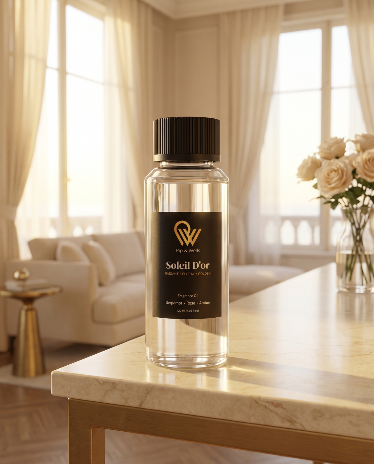 Flasche Pip & Wells Soleil D'or Duftöl, 120 ml, auf einer Marmorkonsole im Wohnzimmer einer sonnendurchfluteten Hotelsuite