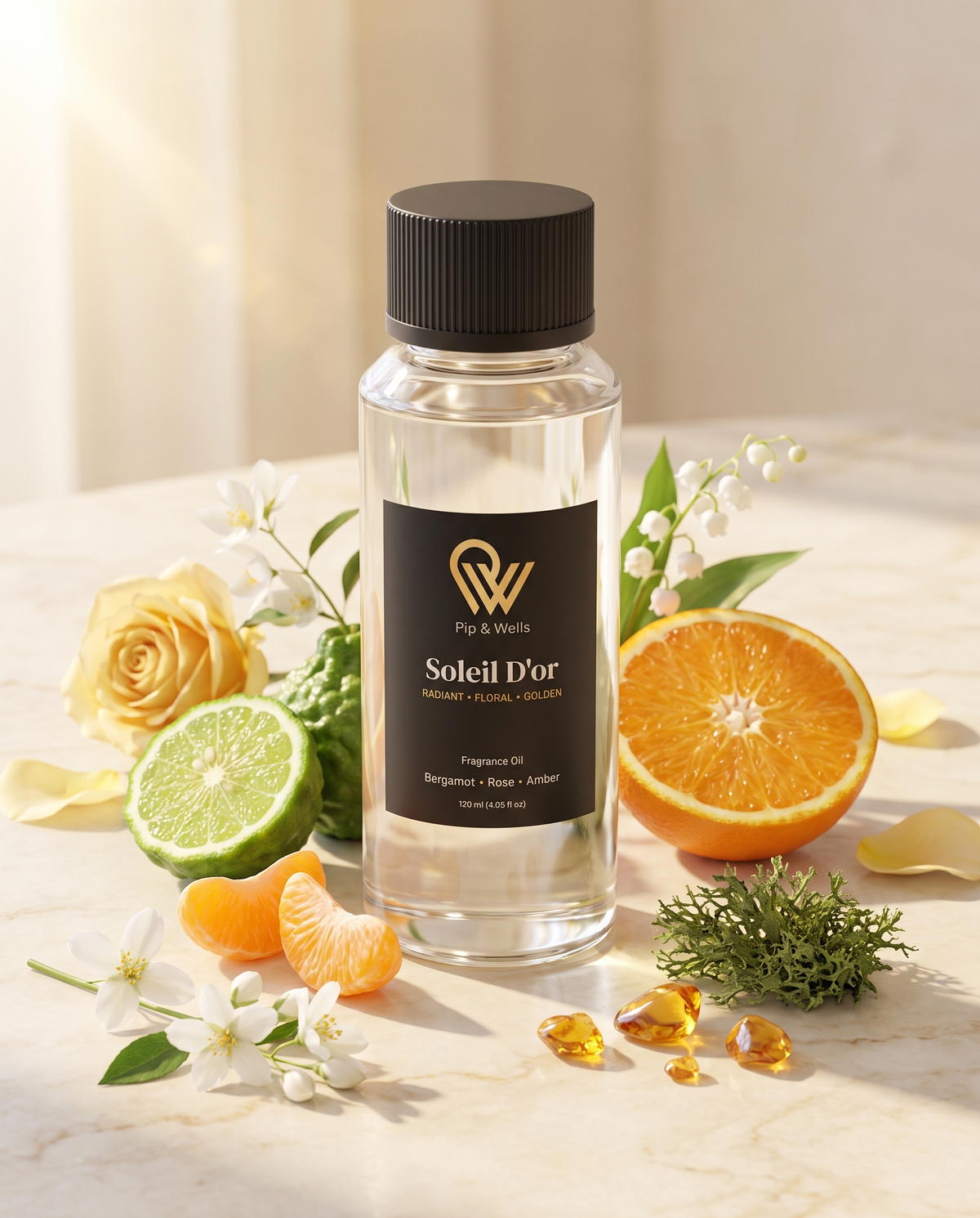Flasche Pip & Wells Soleil D'or Duftöl, 120 ml, mit Duftnoten von Bergamotte, Mandarine, Orange, Rose, Jasmin, Maiglöckchen, Eichenmoos und Amber