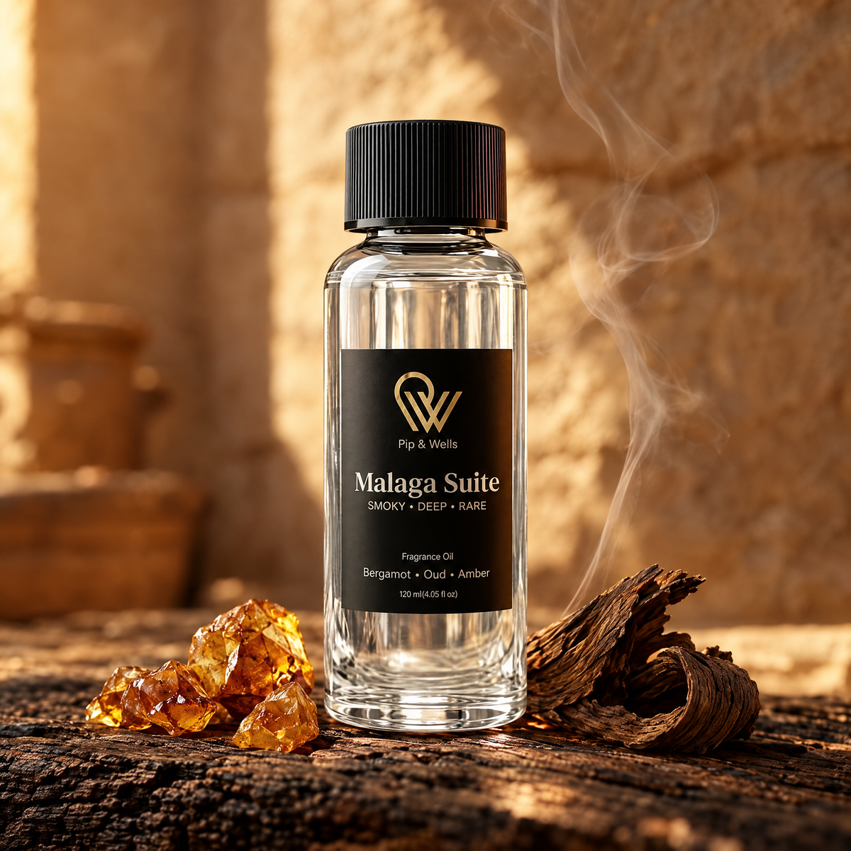 Nahaufnahme von Pip & Wells Malaga Suite Duftöl, 120 ml, mit Amberharz und Oudholz in warmem Abendlicht