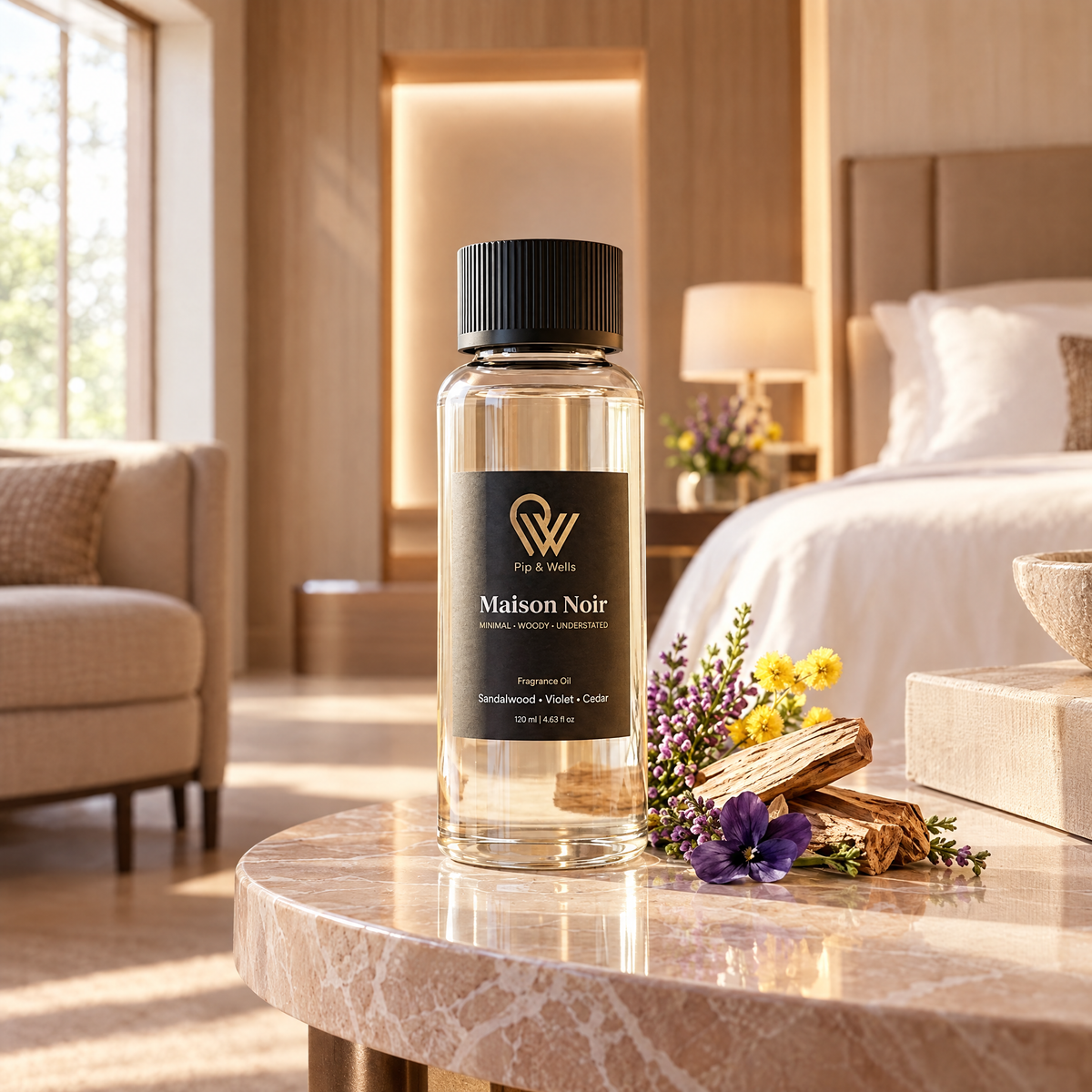 Pip & Wells Maison Noir Duftöl, 120 ml, auf einem Beistelltisch in einer sanft beleuchteten Hotelsuite