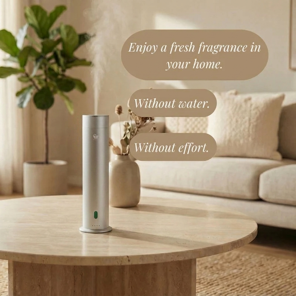 Pip & Wells Pure One mattsilberner wasserloser Aroma-Diffuser auf einem Couchtisch im Wohnzimmer