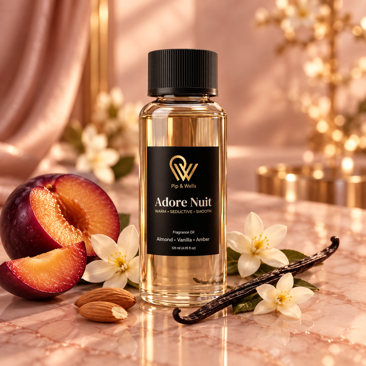 Flasche Pip & Wells Adore Nuit Duftöl, 120 ml, mit Duftnoten von Pflaume, Mandel, Vanille und Jasmin