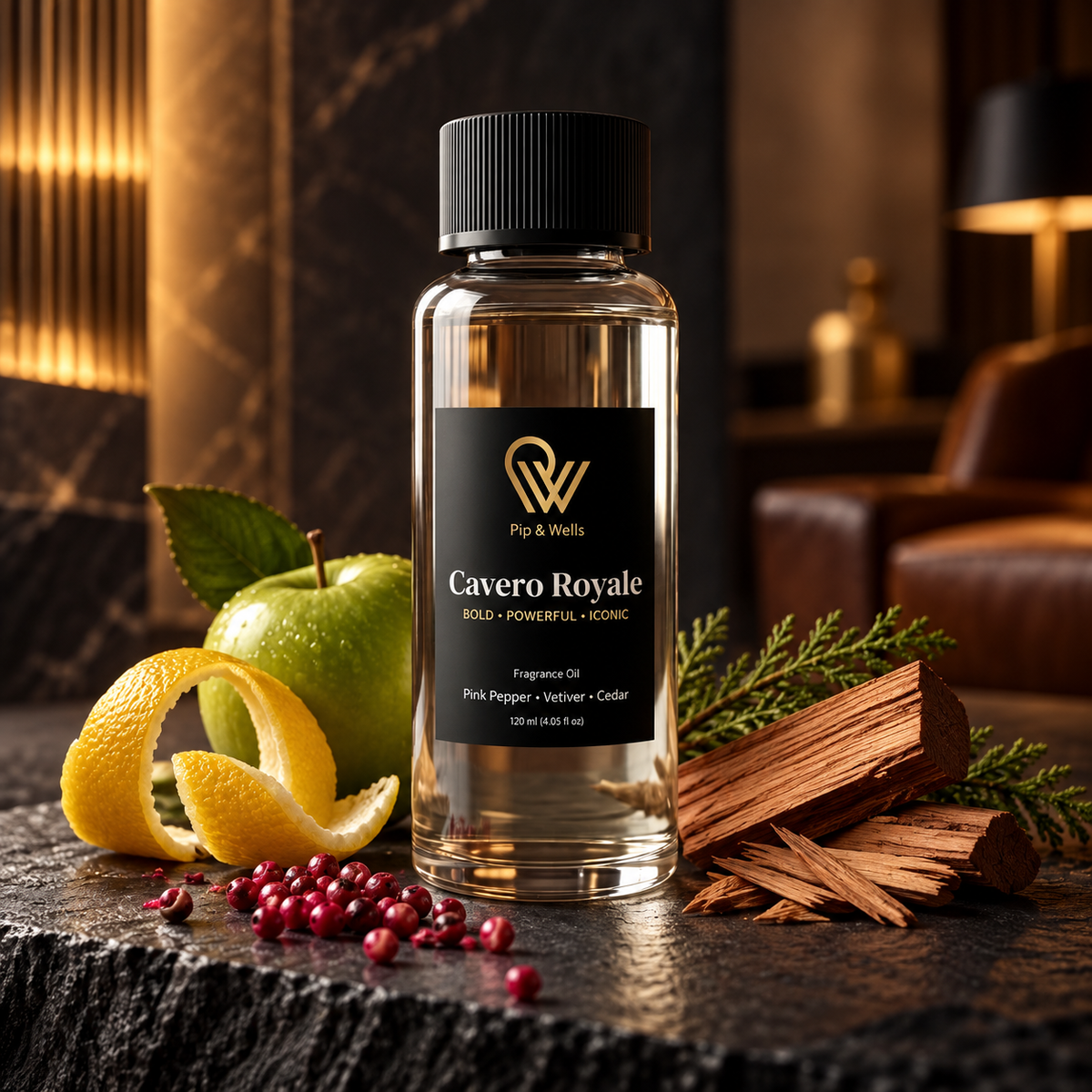 Flasche Pip & Wells Cavero Royale Duftöl, 120 ml, in einer dunklen Hotellounge mit Apfel, Zitronenschale, rosa Pfeffer und Zedernholz