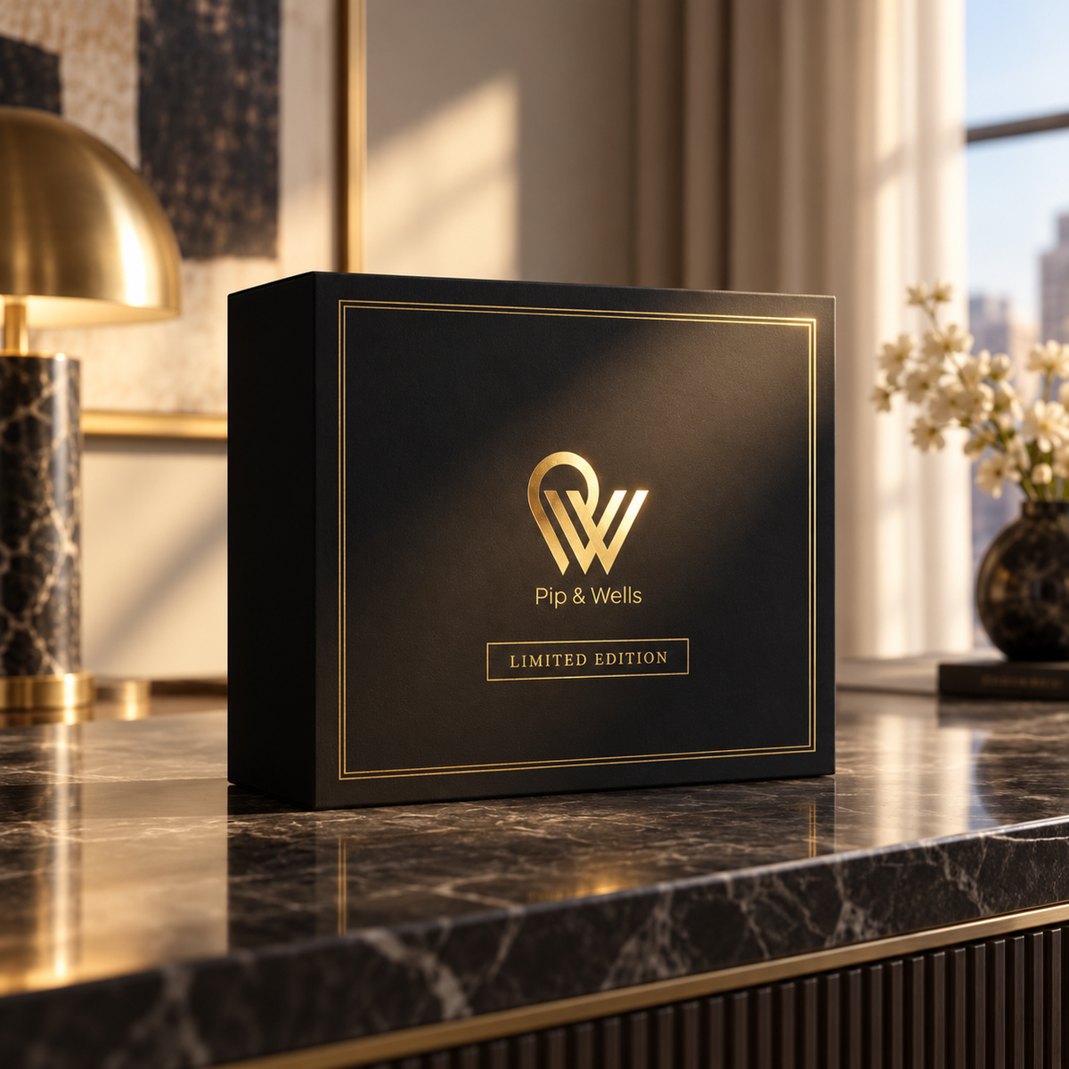 Schwarze Pip & Wells Limited Edition Geschenkbox auf einer Marmorkonsole in einem Zimmer im Hotelstil