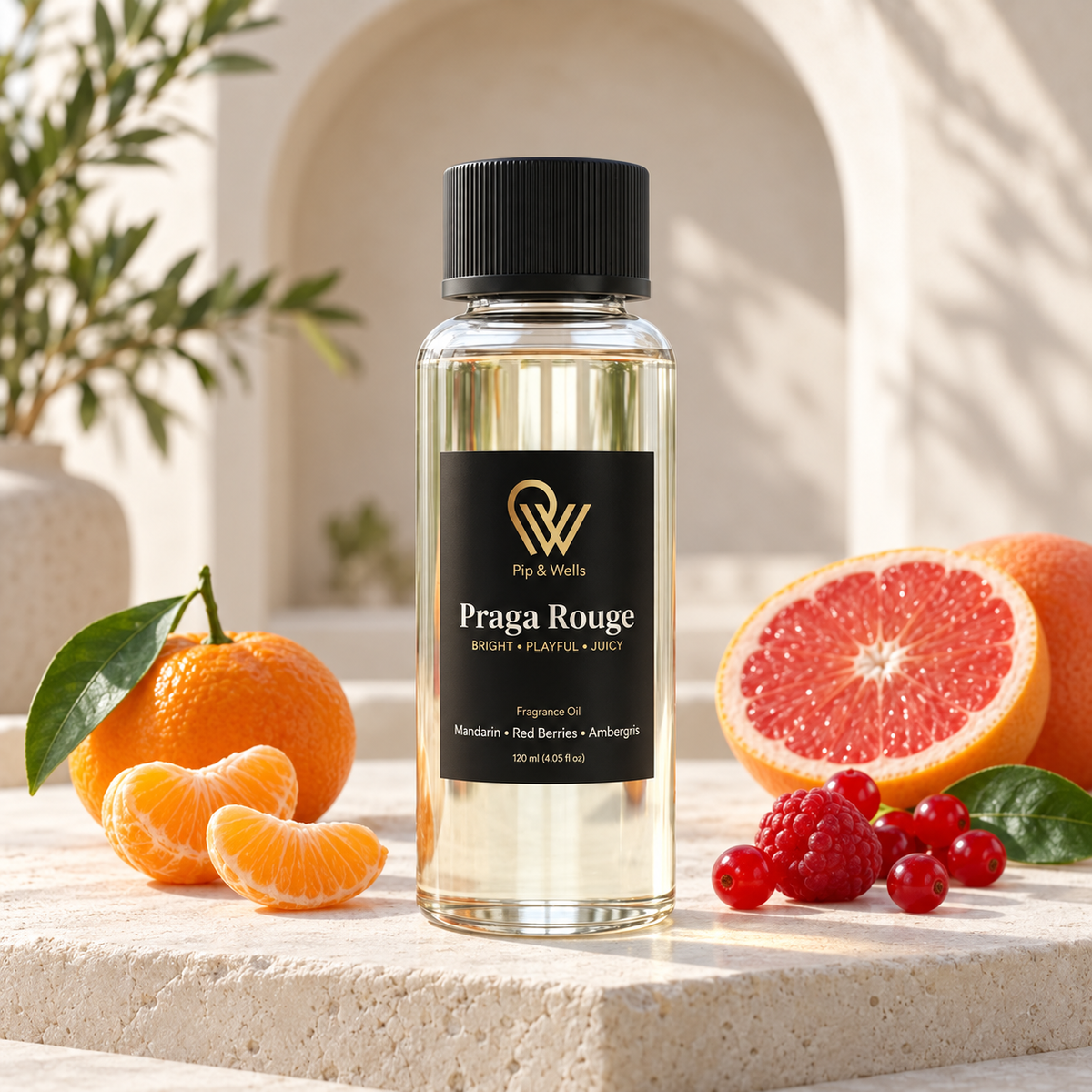Flasche Pip & Wells Praga Rouge Duftöl, 120 ml, mit Duftnoten von Mandarine, Grapefruit und roten Beeren