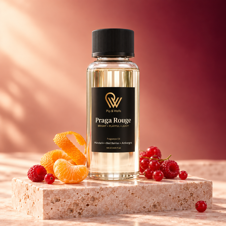 Pip & Wells Praga Rouge, Duftöl 120 ml, Flasche mit dargestellten Duftnoten