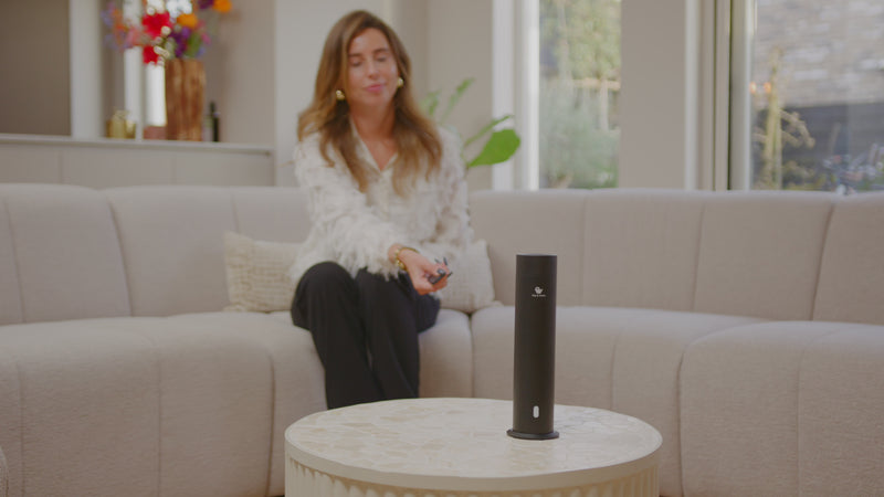 Pip & Wells Pure One matte black waterless aroma diffuser in a living room
