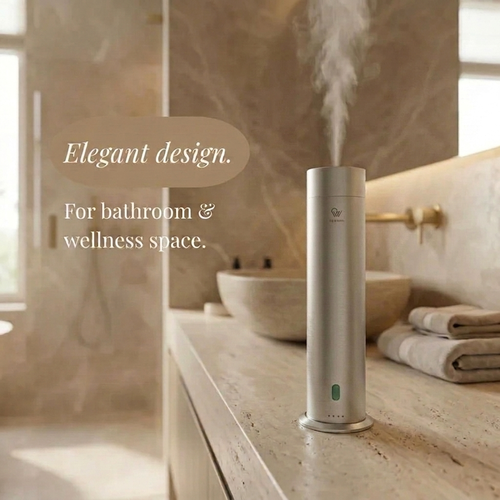 Pip & Wells Pure One mattsilberner wasserloser Aroma-Diffuser auf einem Badezimmermöbel